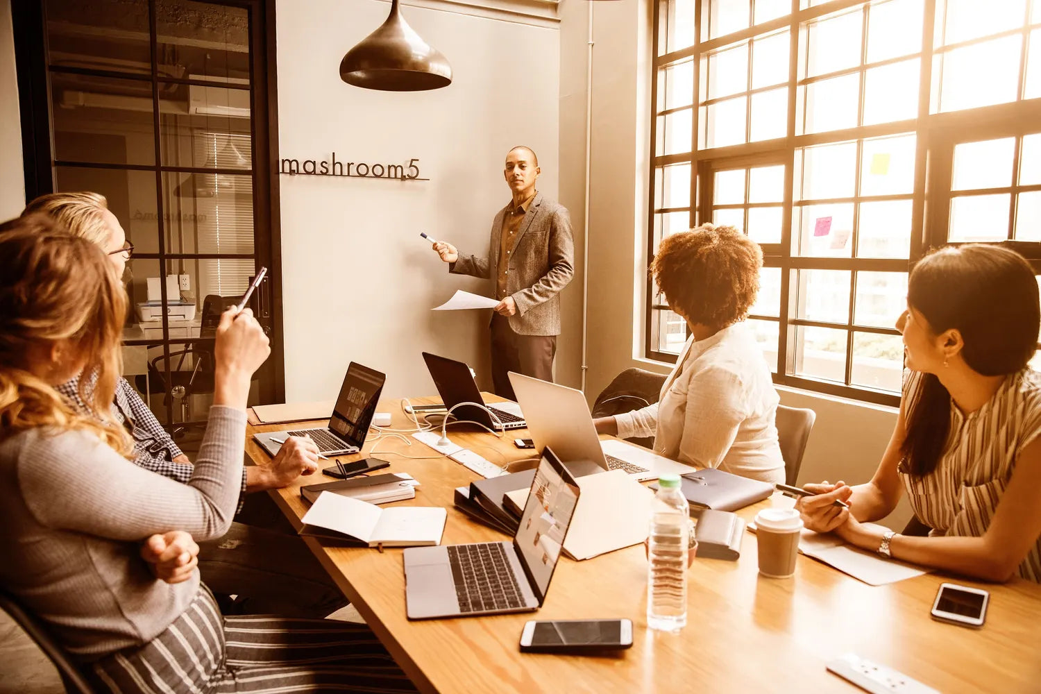 A diverse team meeting in a modern office