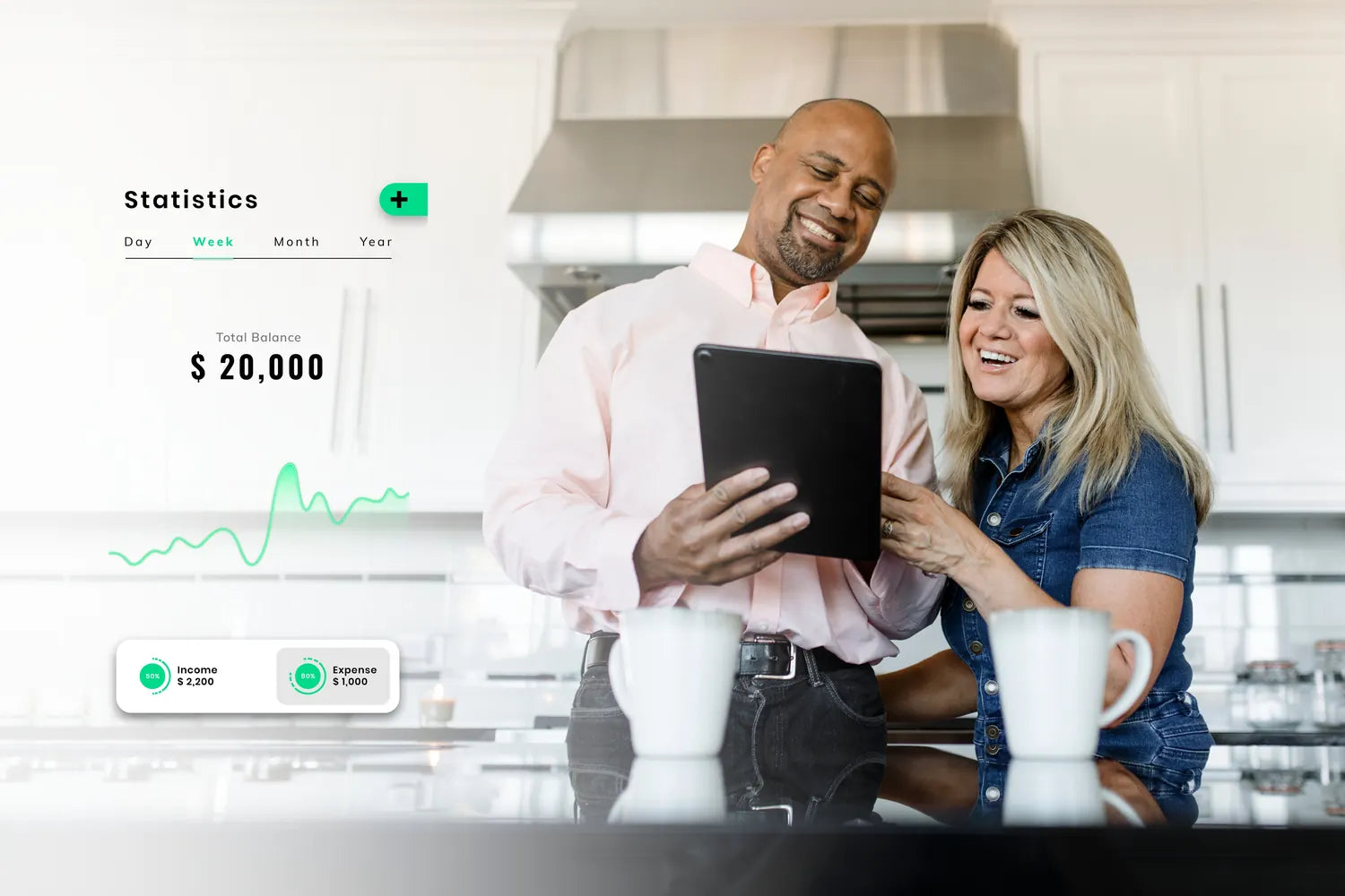 A couple reviewing their savings on a tablet